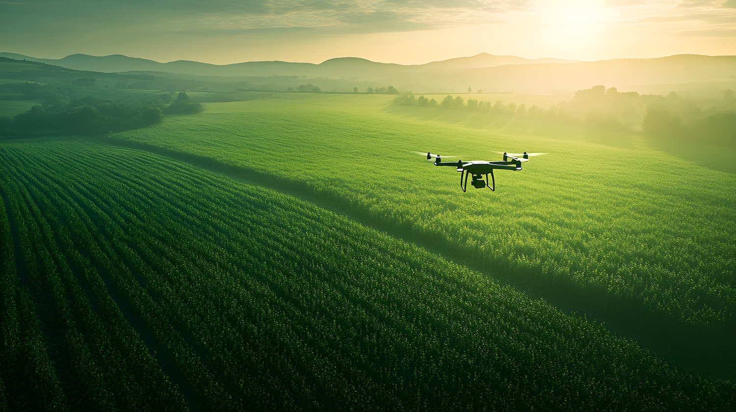 A drone hovers over a lush green field at sunrise, capturing the beauty of agriculture in a serene landscape.